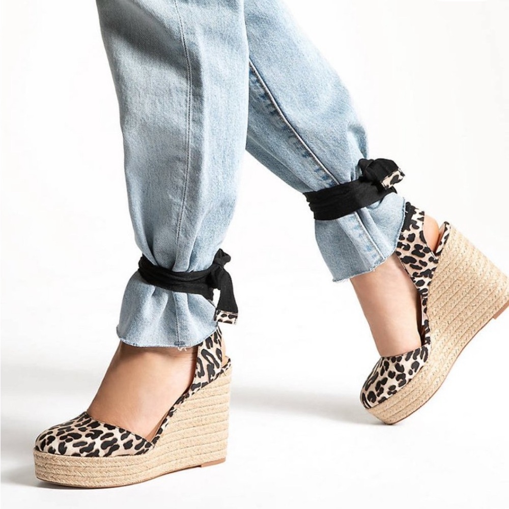 Jennifer Lopez JLo Leopard Wedge Espadrilles Ankle Wrap